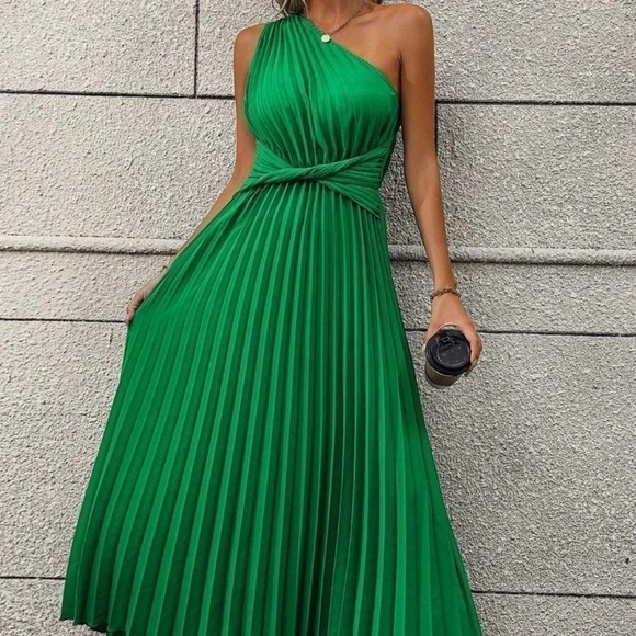 Green Casual Womens One Shoulder Twist Front Pleated Hem Dress - Picture 1 of 6